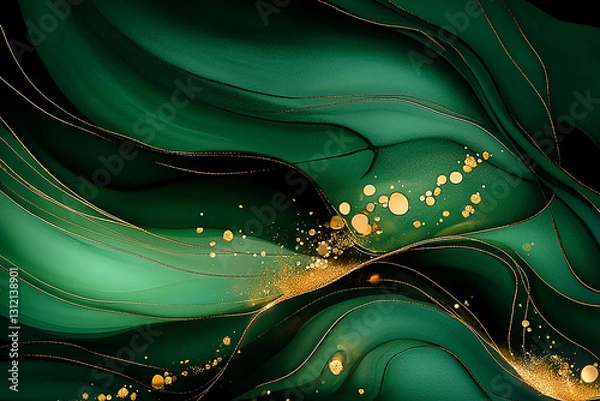 Fototapeta Abstract green and gold flowing waves with a smooth texture and shimmering highlights