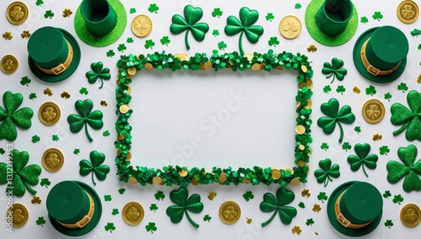 Obraz A festive St. Patrick’s Day border featuring glittery green shamrocks, gold coins, a leprechaun hat, and confetti on a white background, perfect for adding text
