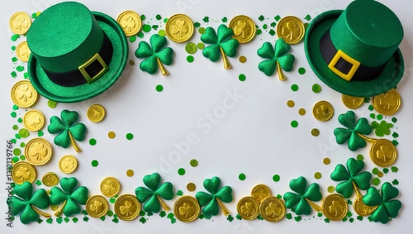 Obraz A festive St. Patrick’s Day border featuring glittery green shamrocks, gold coins, a leprechaun hat, and confetti on a white background, perfect for adding text