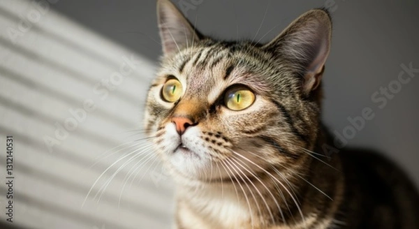 Fototapeta Close-up of tabby cat with bright green eyes in soft light