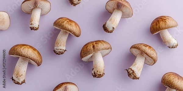 Fototapeta Floating cremini mushrooms with dark brown caps on a light purple background