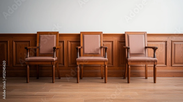 Fototapeta Courtroom awaiting justice, anticipating trial, seats sit empty, ready for all