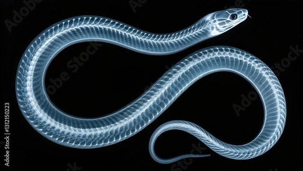 Fototapeta Translucent snake skeleton, detailed x ray view, glowing blue, dark background, intricate bone structure, scientific imagery, reptilian anatomy
