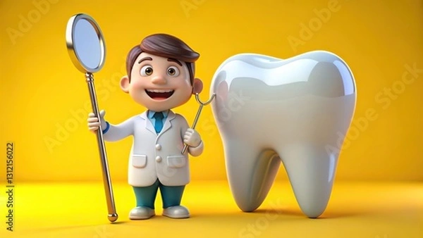 Fototapeta 3d cute cartoon dentist an heroic pose with an oversize tooth isolate on yellow background. Generative AI