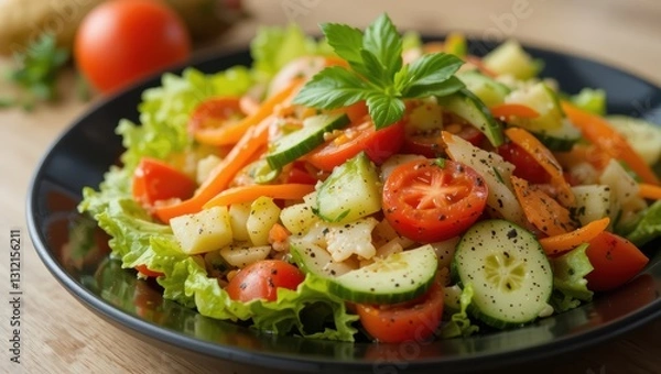 Fototapeta Colorful Fresh Salad with Cucumbers, Cherry Tomatoes, Carrots, and Leafy Greens on Wooden Table