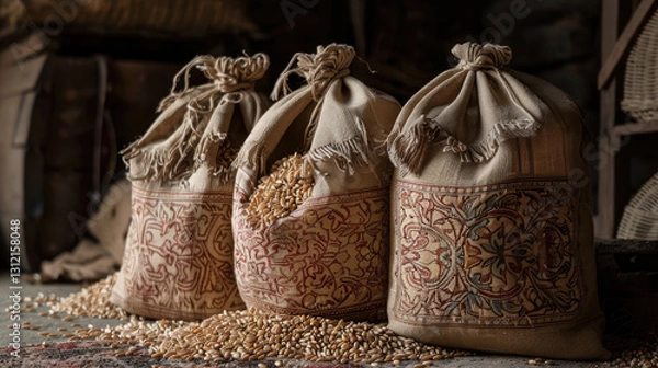 Obraz Richly textured cloth bags filled with grain on floor