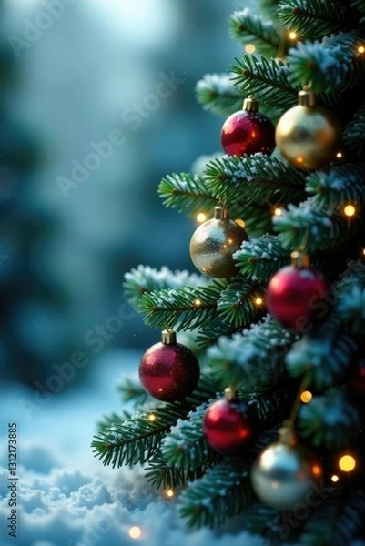 Fototapeta snowflakes gently falling on the branches of a tall Christmas tree, holiday, decorations