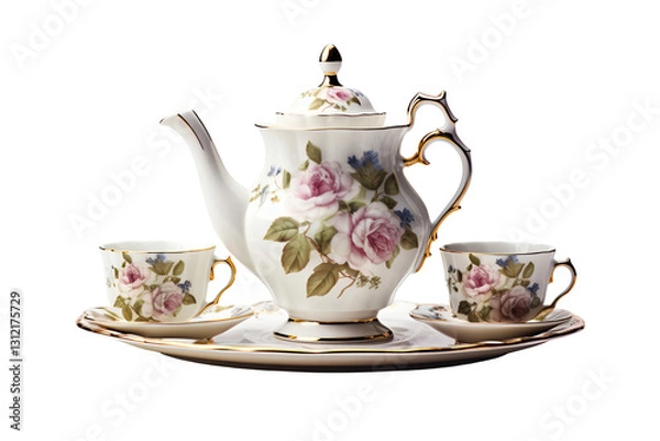Obraz Elegant floral porcelain tea set featuring a teapot and cups with rose designs.