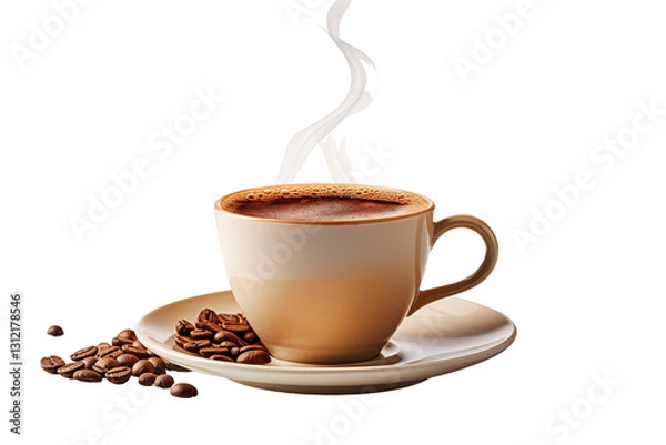 Obraz A steaming cup of coffee beside roasted coffee beans on a saucer, evoking warmth and comfort.