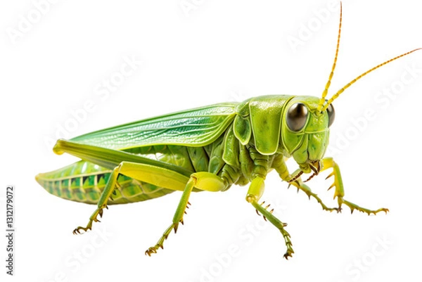 Obraz A vibrant green grasshopper perched against a white background, showcasing its intricate wings and features.