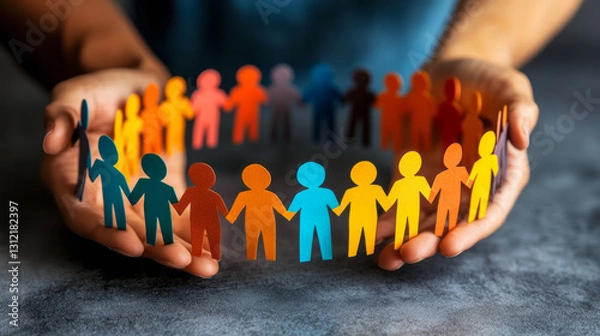 Fototapeta Nurse hands embracing paper chain of diverse human figures, symbolizing neurodiversity, autism awareness, community support, and inclusive healthcare approach