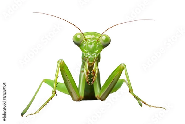 Fototapeta Close-up of a vibrant green praying mantis showcasing its striking features against a white background.