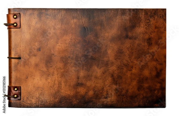 Fototapeta A weathered, brown leather scrapbook with leather ties creates a rustic, nostalgic feel.