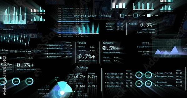 Fototapeta Image of financial data processing over black background