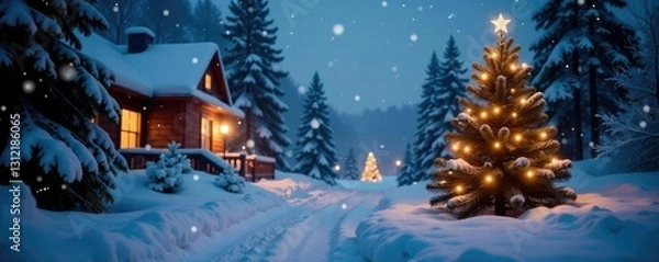 Fototapeta Twinkling lights and snowflakes create a winter wonderland scene, lights, winter landscape, evergreen