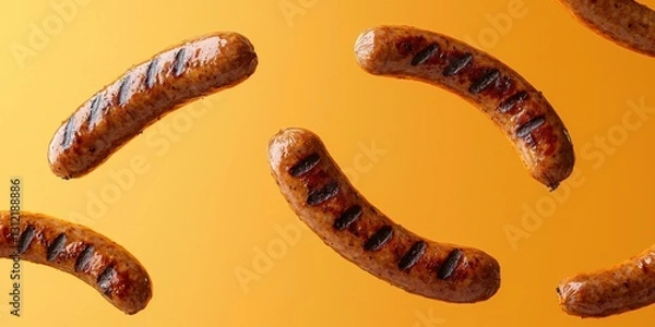Fototapeta Floating sausage links with grill marks on a pastel orange background
