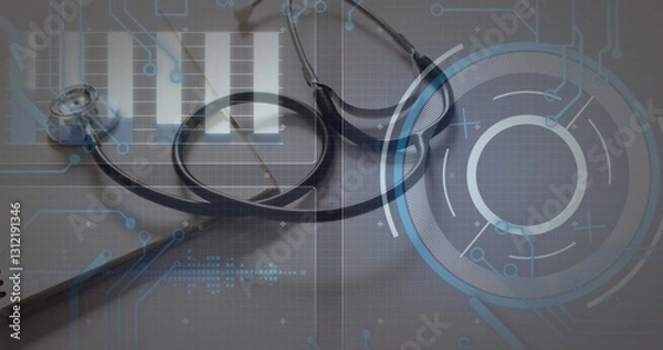 Fototapeta Image of data processing with scope scanning over stethoscope on grey background