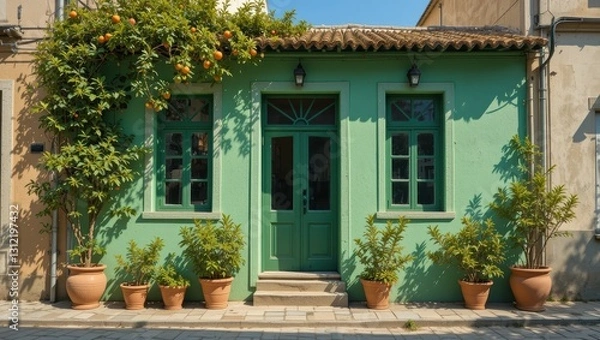 Fototapeta Charming Green House with Orange Trees and Potted Plants in a Sunny Urban Setting