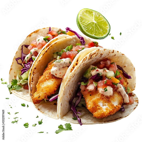 Fototapeta Crispy Fried Fish Taco with Cabbage Salsa and Lime Isolated on Transparent Background