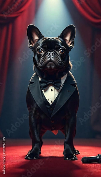 Fototapeta french bulldog puppy in a fancy suit on stage
