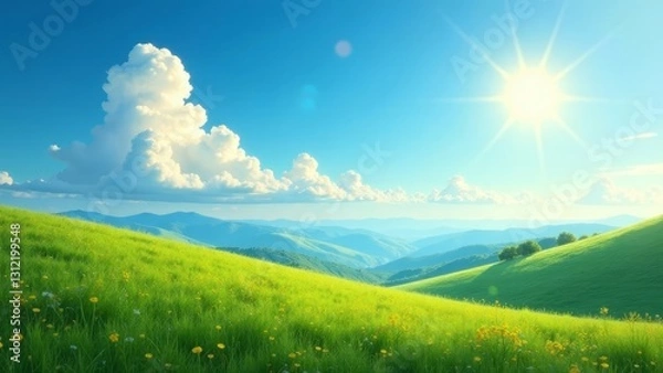 Fototapeta Serene Meadow Landscape Featuring Rolling Hills Under a Vivid Sunny Sky with Puffy Clouds