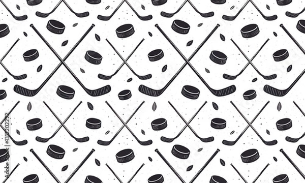 Obraz Seamless Hockey Pattern with Sticks and Pucks – Black and White Sports Design Background
