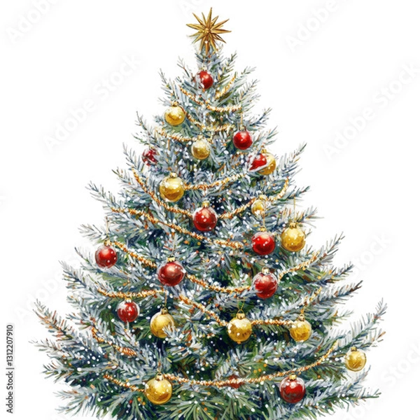 Obraz A festive Christmas tree, illustrated with artistic precision, featuring shimmering golden and red ornaments, transparent background, PNG