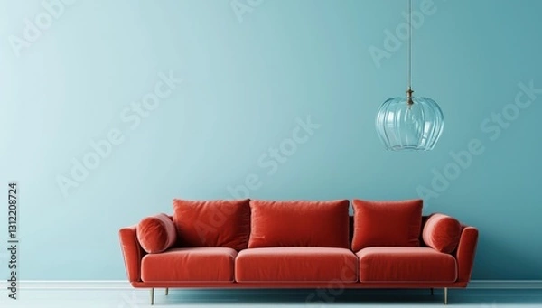 Fototapeta Coral velvet sofa against soft ice-blue wall, floating lamp.