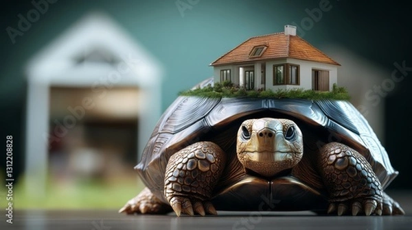 Fototapeta Turtle is sitting on top of a house. The turtle is small and the house is large