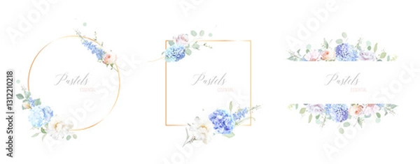 Obraz Bridgerton inspired pastel floral vector design frames. Blue delphinium, white peony, coral rose, magnolia, hyacinth, hydrangea, greenery and plants. All flowers and branches are isolated and movable.