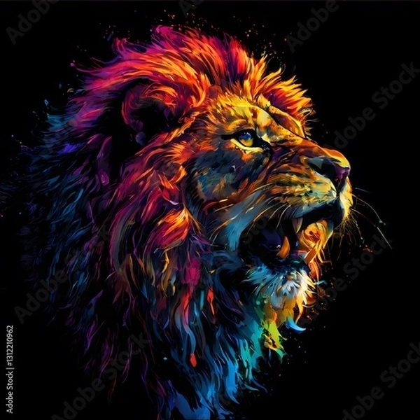 Fototapeta An abstract, colorful lion portrait painted in vibrant, mixed-media style with bright, energetic colors against a black background.