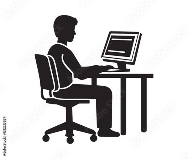Obraz Businessman working on laptop. Working from home: remote job illustration. Computer desk setup a workplace icon.