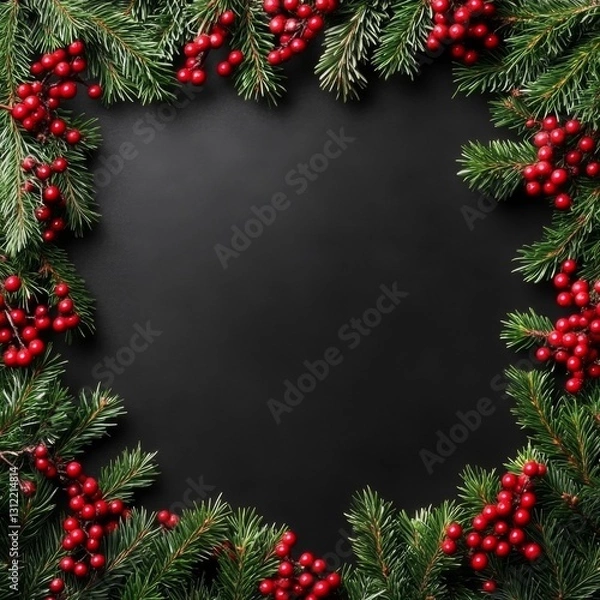 Fototapeta Christmas-themed flat lay frame with green fir, red berries on black background - festive and cheerful decoration shot