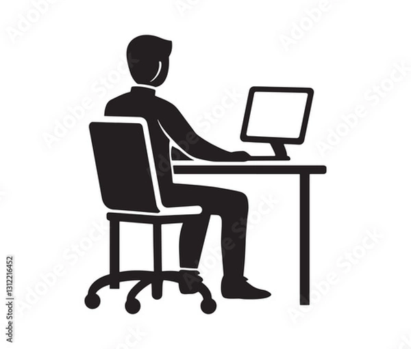 Fototapeta Businessman working on laptop. Working from home: remote job illustration. Computer desk setup a workplace icon.