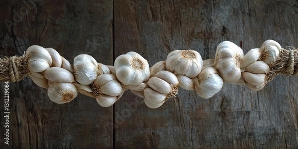 Fototapeta Garlic braids twisting mid-air on a rustic wooden backdrop
