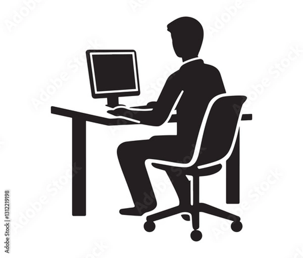 Fototapeta Businessman working on laptop. Working from home: remote job illustration. Computer desk setup a workplace icon.