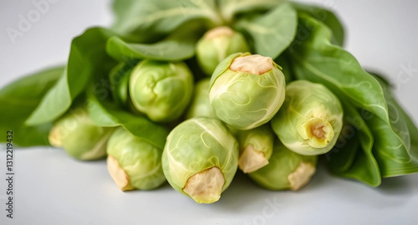 Fototapeta A bunch of fresh Brussels sprouts with vibrant green leaves, resting on a light surface. Nutritious and earthy design