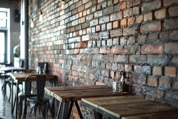 Obraz Warm and inviting cafe interior featuring rustic brick walls, wooden tables, and industrial decor elements in soft natural lighting.