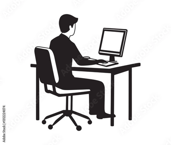 Fototapeta Businessman working on laptop. Working from home: remote job illustration. Computer desk setup a workplace icon.