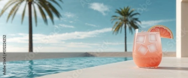 Fototapeta Refreshing grapefruit drink by poolside with ice