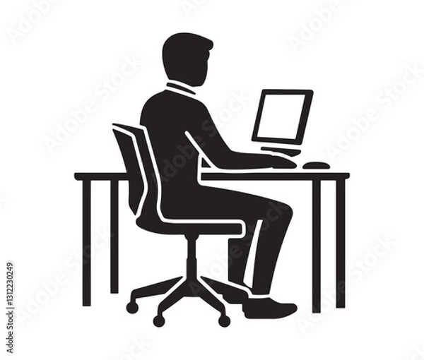 Fototapeta Businessman working on laptop. Working from home: remote job illustration. Computer desk setup a workplace icon.