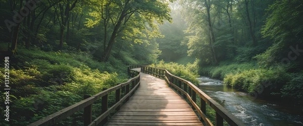 Obraz Serene wooden walkway through lush greenery and water.