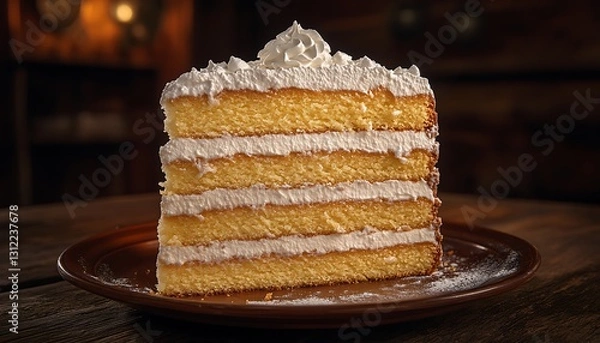 Fototapeta Cake slice on a plate indoors, decorated with frosting