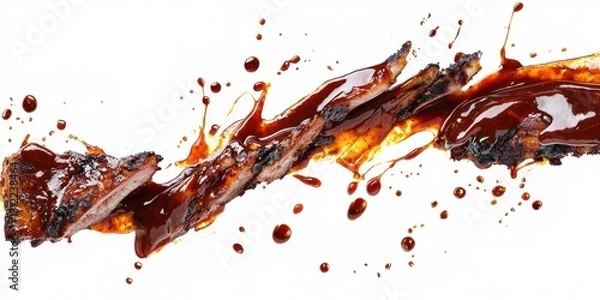 Fototapeta Mouthwatering grilled ribs with barbecue sauce splashing on a clean white backdrop