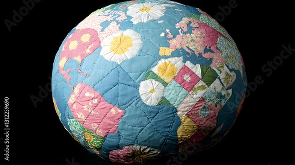 Fototapeta Patchwork quilt globe, floral patterns, world map.