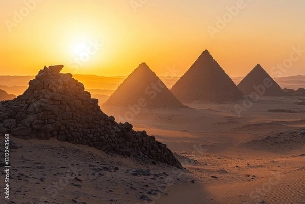 Fototapeta A pyramid complex in Egypt at dawn . A stunning view of the Sahara pyramids, showcasing their majestic structures against a clear blue sky.