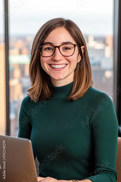 Fototapeta Smiling woman working on a laptop in a modern office setting.