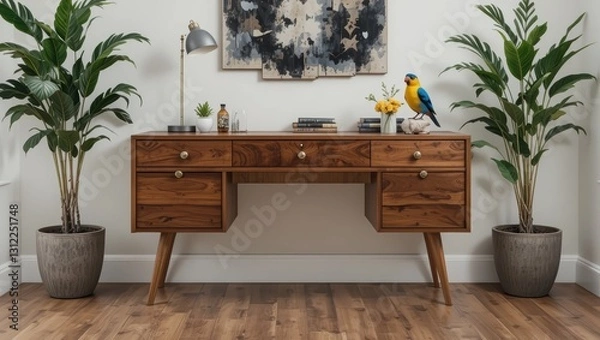 Fototapeta Stylish Wooden Desk with Plants and Colorful Bird in Modern Interior Setting