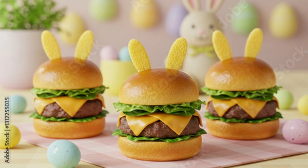 Fototapeta 3 Deliciosos x-salada suculentos com carne grelhada, queijo derretido, tomate fresco e pão de gergelim com orelha de coelho