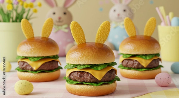 Obraz Três Deliciosos cheeseburgers suculentos com carne, queijo derretido, tomate e alface em um pão de gergelim com orelha de coelho